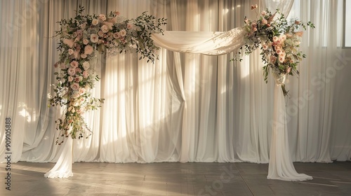 Elegant Wedding Backdrop: A Stunning and Romantic Setting for Your Ceremony with Luxurious Floral and Fabric Elements