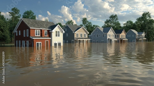 3D rendering of houses submerged in floodwater, illustrating a flooding scenario.