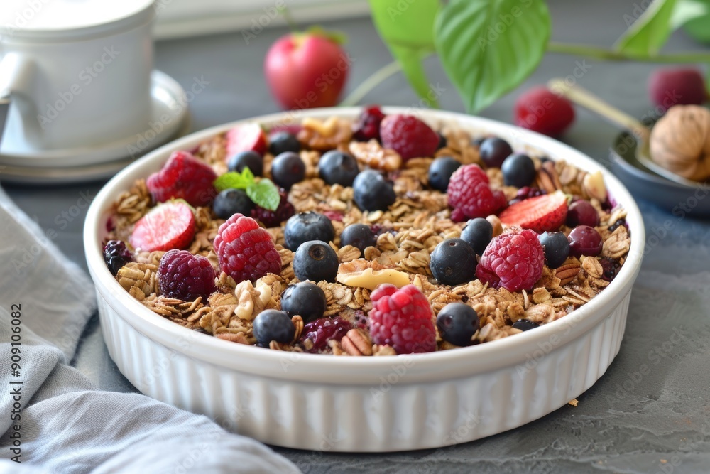 Fit and healthy baked oats with nuts and fruits Fit and healthy baked oats with nuts and fruits