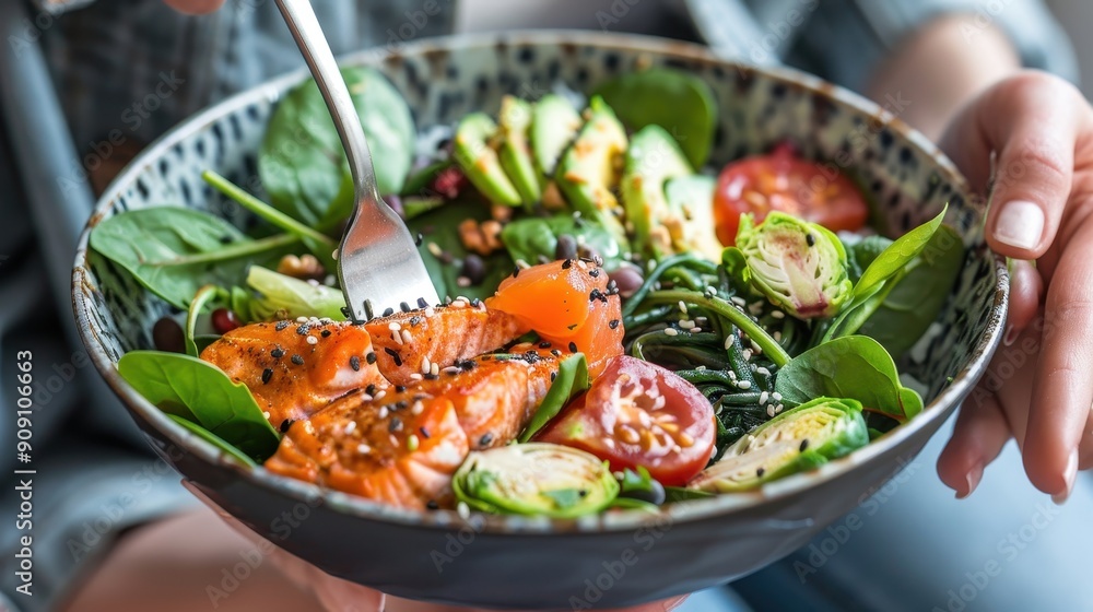 A person enjoys a vibrant salad bowl filled with grilled salmon and fresh vegetables A person enjoys a vibrant salad bowl filled with grilled salmon and fresh vegetables