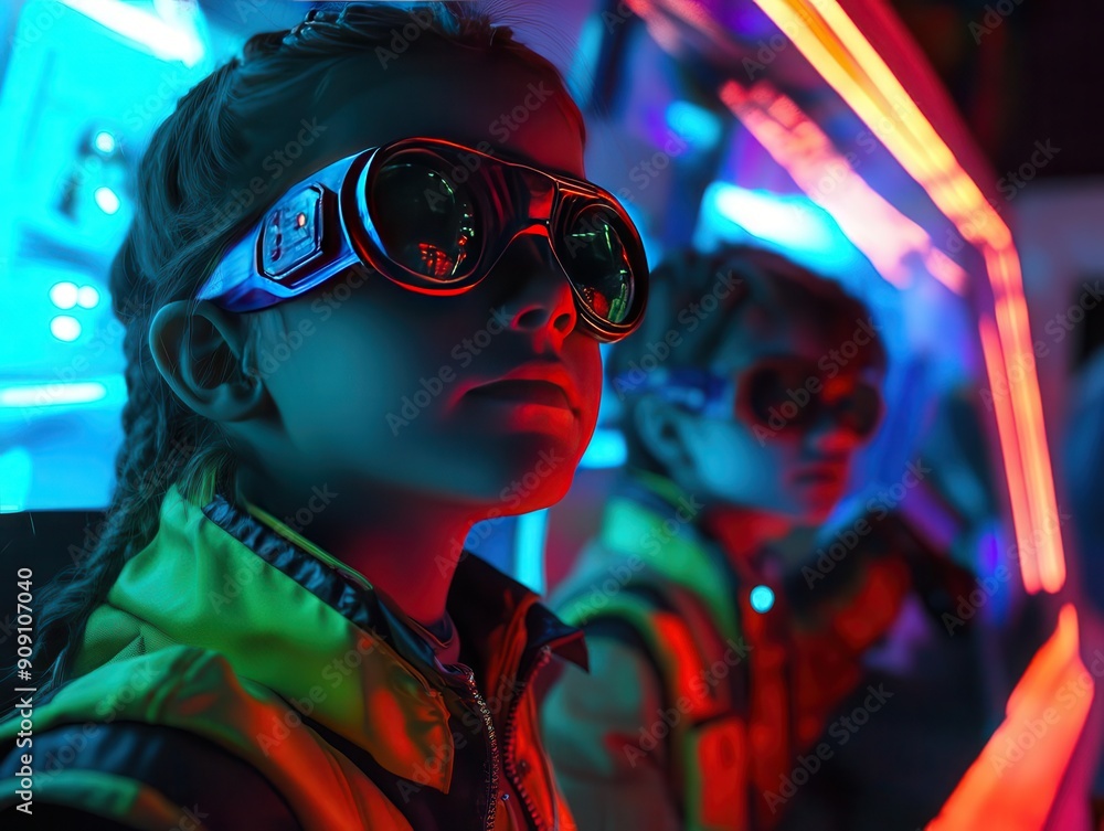 Futuristic scene with kids in sci-fi makeup, telling stories of space adventures, neon lights, cyberpunk vibe.--s 450 Futuristic scene with kids in sci-fi makeup, telling stories of space adventures, neon lights, cyberpunk vibe.--s 450