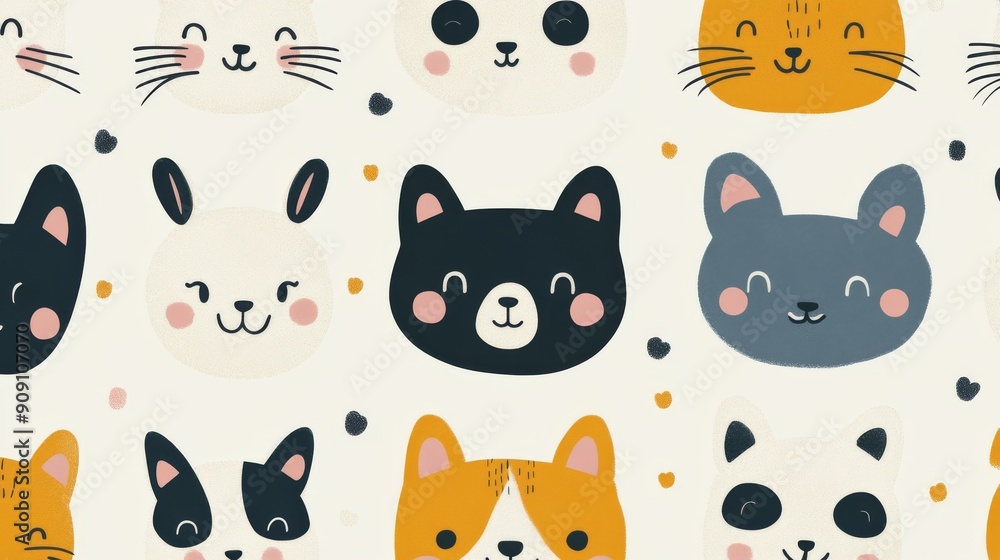 A Pattern of Cute Animal Faces with Pink Cheeks A Pattern of Cute Animal Faces with Pink Cheeks