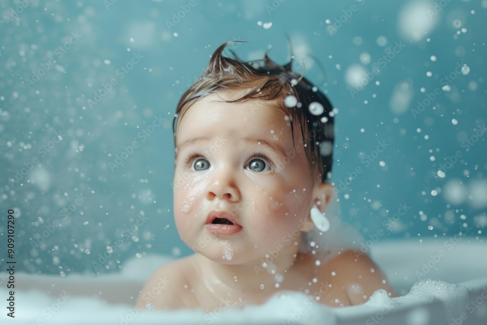 Wet baby child bathing in the bathtub Isolated on blue background Wet baby child bathing in the bathtub Isolated on blue background