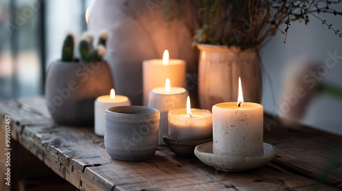 Lit candles in different holders on wooden table indoors