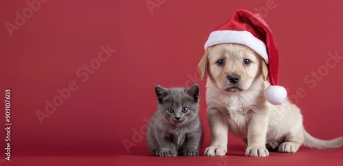 Puppy and Kitten Celebrating Christmas Together on Red Background