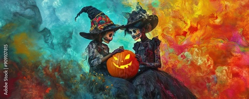 Surreal depiction of children in fantastical outfits, using dreamlike props to carve pumpkins, vibrant colors, abstract background.--s 450 photo