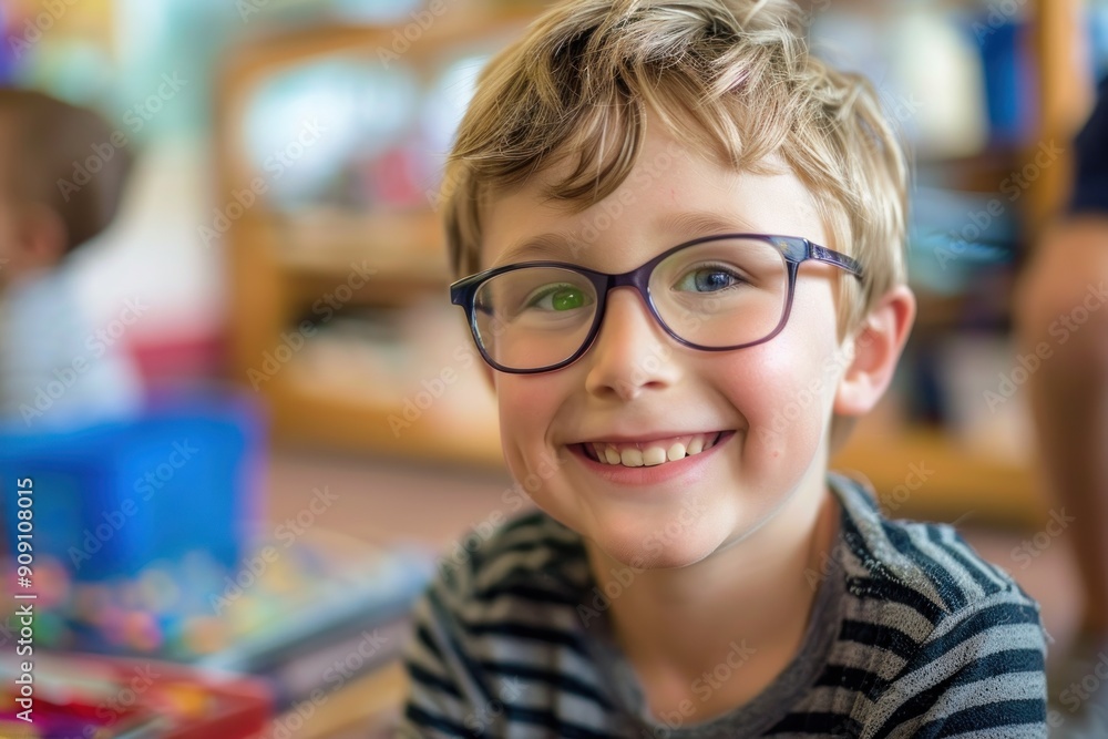 Happy young boy with glasses smiling in a classroom Happy young boy with glasses smiling in a classroom