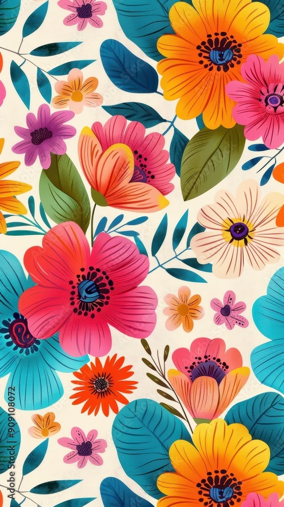 A vibrant arrangement of colorful flowers and leaves fills the background with joyful designs A vibrant arrangement of colorful flowers and leaves fills the background with joyful designs