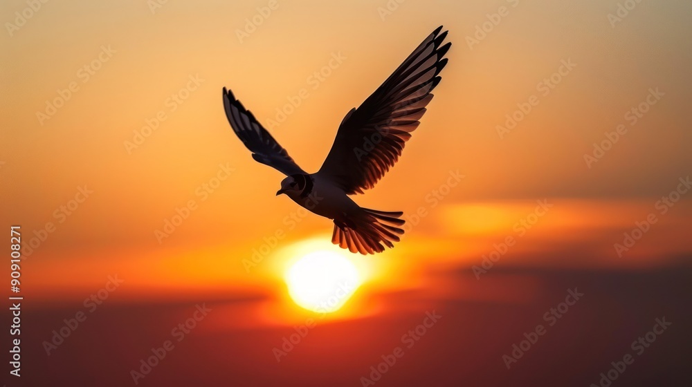 Obraz premium Silhouette of a bird in flight against a sunset.