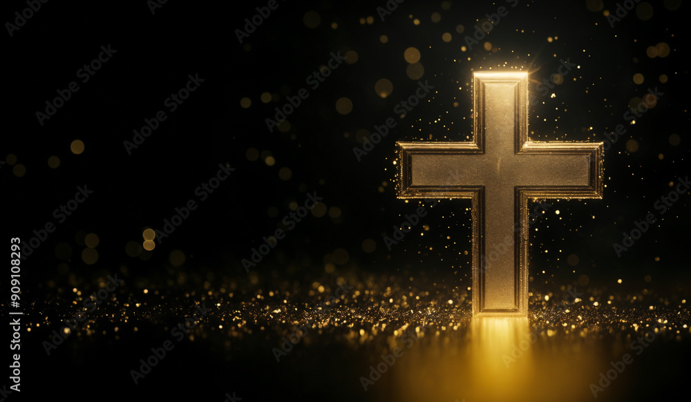 Gold holographic glowing Christian cross with copy space. Gold holographic glowing Christian cross with copy space.