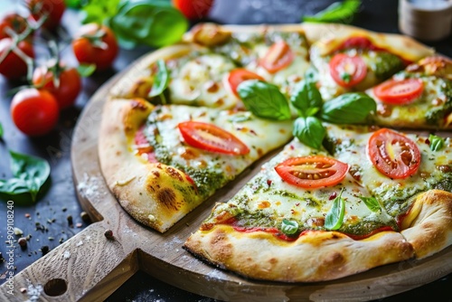 homemade pizza with pesto, delicious and healthy food