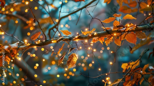 Soft Christmas tree lights wrapped around tree branches with vibrant autumn leaves create a magical and enchanting atmosphere in the evening.