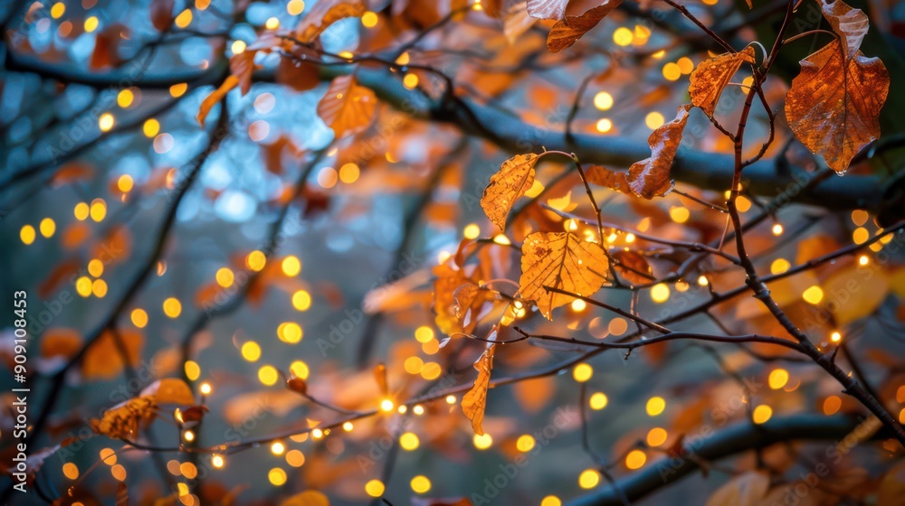 Soft Christmas tree lights wrapped around tree branches with vibrant autumn leaves create a magical and enchanting atmosphere in the evening. Soft Christmas tree lights wrapped around tree branches with vibrant autumn leaves create a magical and enchanting atmosphere in the evening.