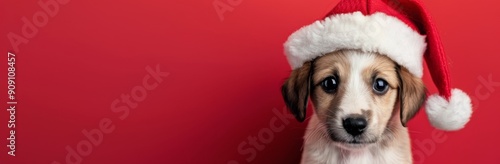 Cute Puppy Wearing Santa Hat Against Red Background During Holiday Season
