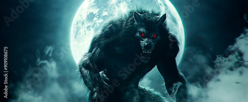 Scary werewolf wilf glowing red eyes against full moon foggy night. Perfect for Halloween banner. photo