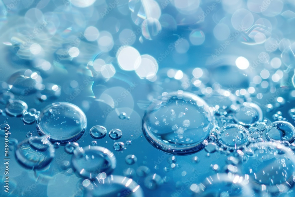Macro view of water bubbles resting on a vibrant blue background Macro view of water bubbles resting on a vibrant blue background