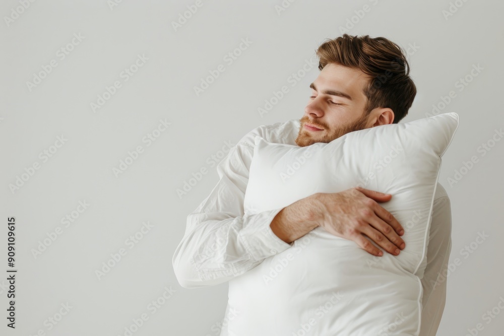 man hugging pillow isolated on flat white background with copy space. Bedding store banner template man hugging pillow isolated on flat white background with copy space. Bedding store banner template