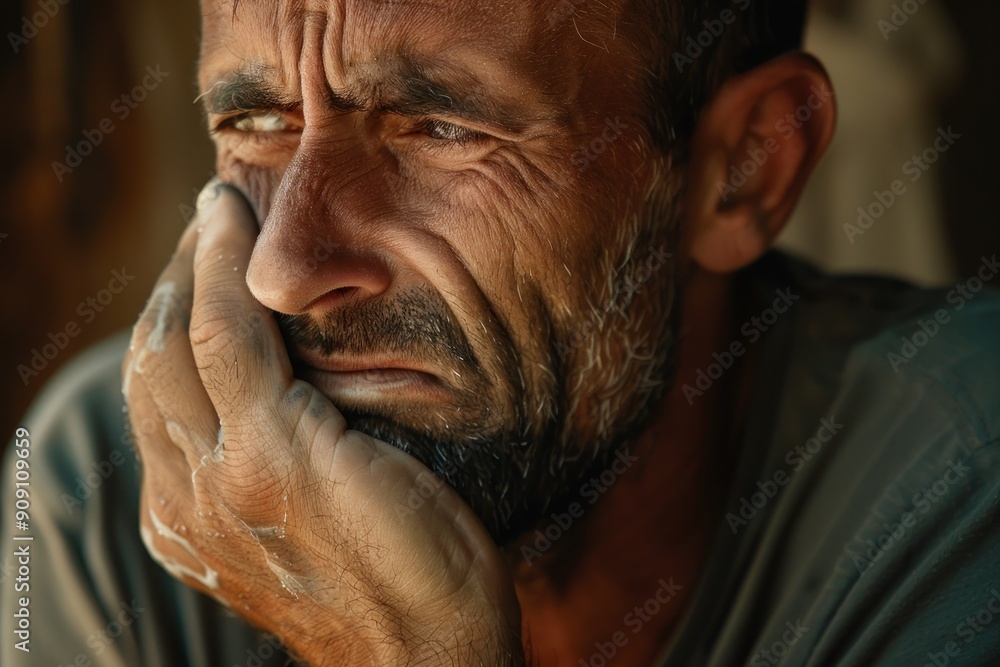 Man with Toothache portrait. Close-up of a distressed man with a toothache, pressing his cheek, showing pain Man with Toothache portrait. Close-up of a distressed man with a toothache, pressing his cheek, showing pain
