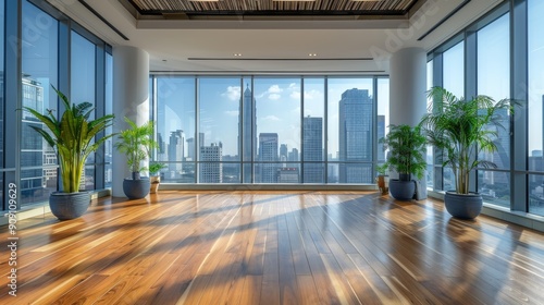 Professional work environment with polished wooden floors city views