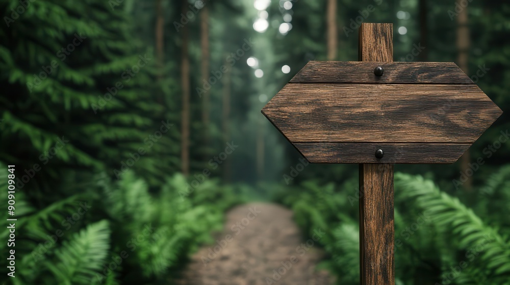 Fototapeta premium Pine forest road with a rustic wooden sign, guiding and inviting