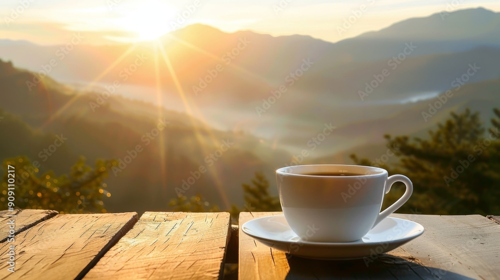 Coffee Cup on a Wooden Table with Mountain and Sunrise Background Coffee Cup on a Wooden Table with Mountain and Sunrise Background