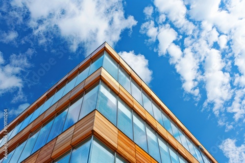 Modern Wood and Glass Building Facade Against Blue Sky with Clouds