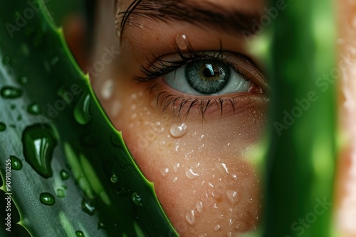 natural skin nourishing, moisturizing and protection. closeup of black womans face with wet aloe vera plant leafs