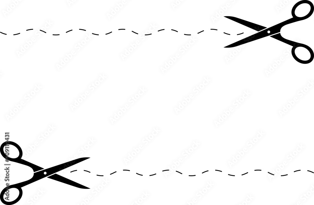 Scissors with cut dotted line vector illustration. Cut coupon. Snip ribbon. Black scissors isolated on white background. Scissors with cut dotted line vector illustration. Cut coupon. Snip ribbon. Black scissors isolated on white background.