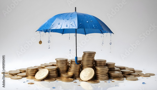 Blue Umbrella Protecting a Pile of Bitcoin Coins from Rain photo