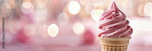 Delicious Swirled Strawberry Soft Serve Ice Cream Cone Against a Blurred Back...