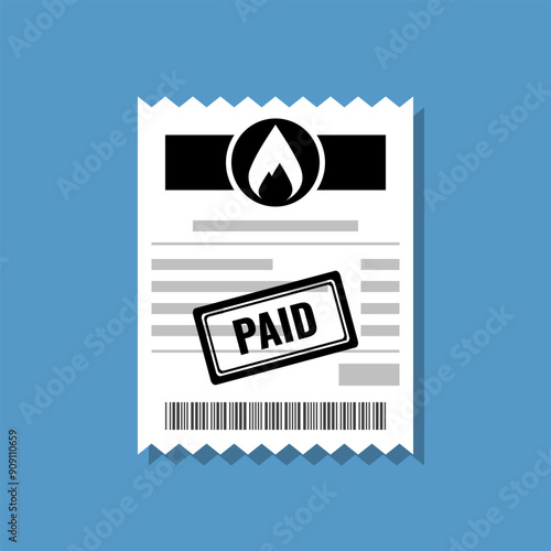 natural gas or heat bill receipt with paid stamp flat design vector illustration, utility utility paper invoice pictogram