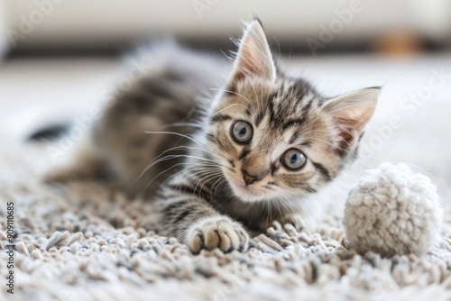 Playful Kitten with a Fuzzy Ball on Carpet