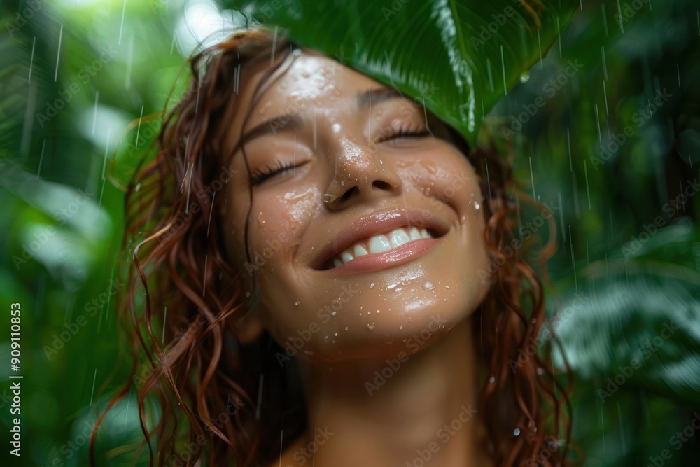 Portrait of tender happy young woman with natural makeup and healthy skin in tropical rain forest Portrait of tender happy young woman with natural makeup and healthy skin in tropical rain forest