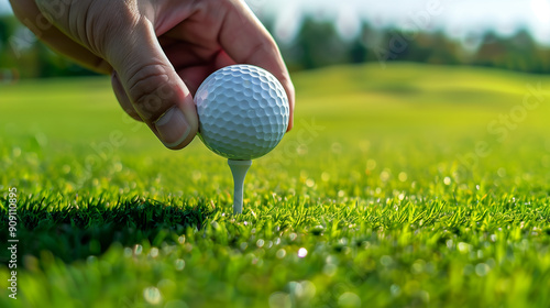 A hand placing a golf ball on a tee. Golf course concept. photo