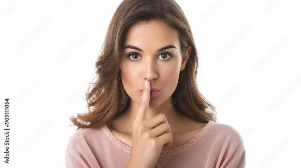 Brunette woman showing a sign of silence with her finger Brunette woman showing a sign of silence with her finger