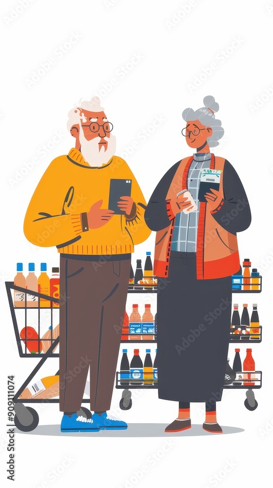 An elderly couple reviews their shopping list as they stand beside a cart filled with various groceries An elderly couple reviews their shopping list as they stand beside a cart filled with various groceries