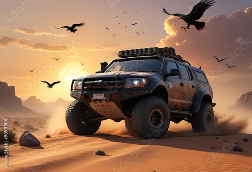 Futuristic Off-Road Vehicle with Helicopters