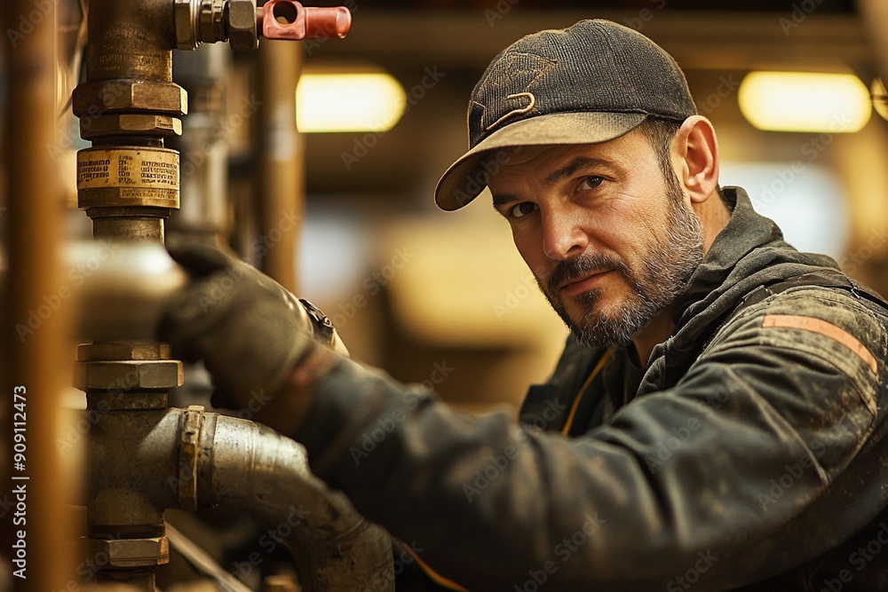 Skilled plumber fixing pipes indoors with a focused expression Skilled plumber fixing pipes indoors with a focused expression