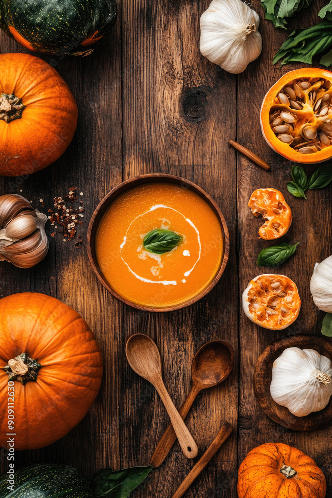 Creamy pumpkin soup and ingredients in a bowl on the wooden table, top view Creamy pumpkin soup and ingredients in a bowl on the wooden table, top view
