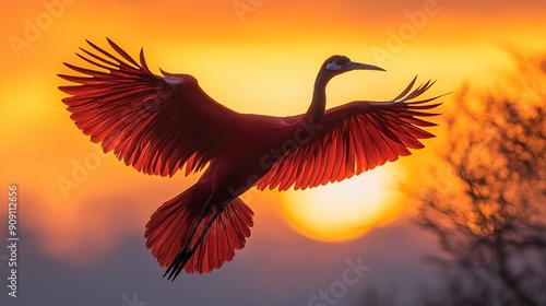 Scarlet Bird Soaring at Sunset photo