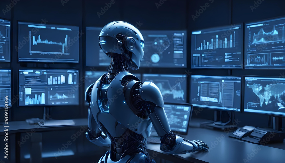A humanoid robot with a white helmet analyzes data on multiple computer screens. A humanoid robot with a white helmet analyzes data on multiple computer screens.