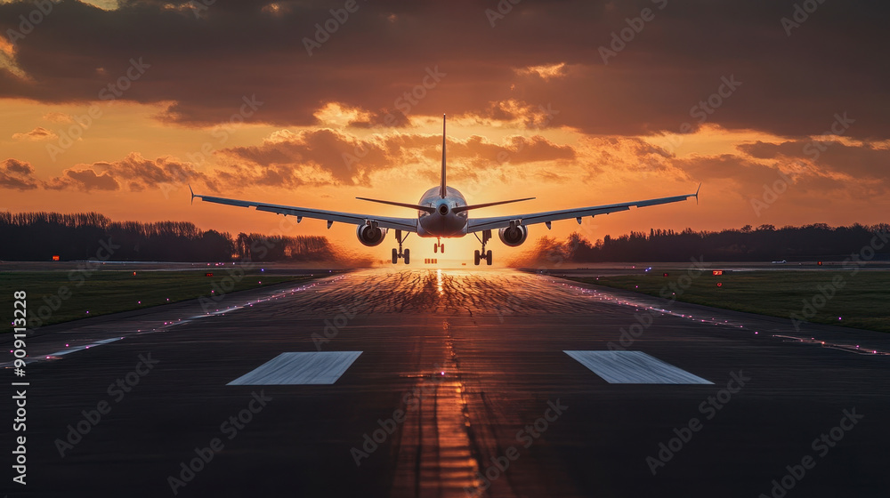 Airplane landing on airport runways during sunset Airplane landing on airport runways during sunset