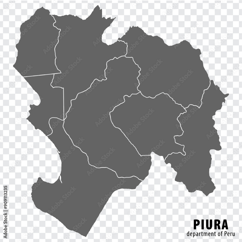 Blank map Department Piura of Peru. High quality map Department of Piura with districts on transparent background for your web site design, logo, app, UI. Republic of Peru. EPS10. Blank map Department Piura of Peru. High quality map Department of Piura with districts on transparent background for your web site design, logo, app, UI. Republic of Peru. EPS10.