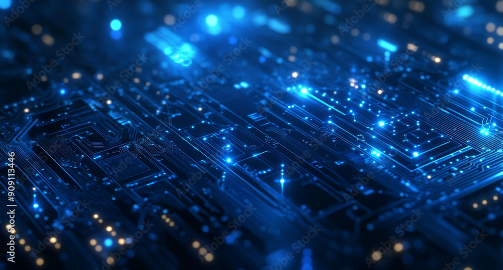 Close-up of a futuristic blue circuit board with glowing lines and components, representing advanced technology and digital innovation.
Close-up of a futuristic blue circuit board with glowing lines and components, representing advanced technology and digital innovation.