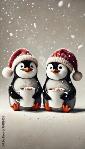 Wallpaper Mural Christmas penguins drinking cacao, New year concept Torontodigital.ca