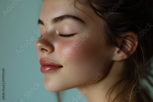 A close up of a girl's face with her eyes closed