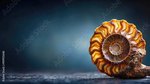 Explore the intricate spiral chambers and suture patterns of a fossilized ammonite, showcasing stunning mineralization captured in high-resolution photography. photo