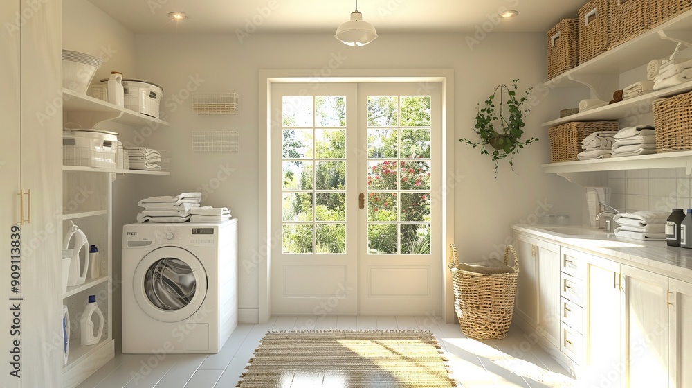Fresh and Organized Laundry Room with Natural Light and Shelves for Supplies Fresh and Organized Laundry Room with Natural Light and Shelves for Supplies