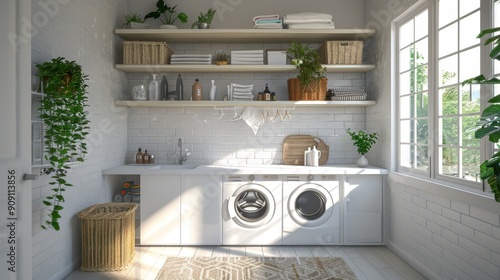 Bright and Tidy Laundry Room with Ample Shelving for Supplies