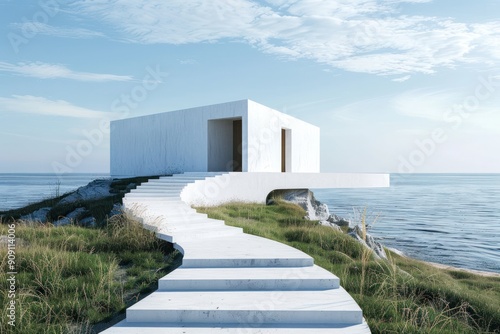 A white house with a staircase leading up to it is on a hill overlooking the ocean. The house is small and simple  with a minimalist design. The ocean in the background creates a serene